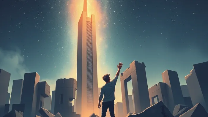 Символическое изображение восстановления после провала: человек среди руин офиса смотрит на звездное небо, олицетворяя переход от карты Башня к карте Звезда в Таро.