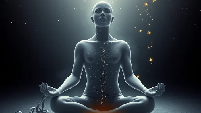 Символическое изображение восстановления энергии: человек в медитации, из его силуэта уходят серые нити истощения, а внутрь втекают золотистые частицы света. Рядом парит карта Таро Звезда.