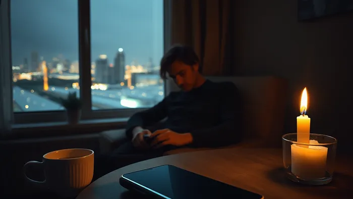 Символическое изображение защиты личного времени: человек в уютной комнате вечером кладёт телефон экраном вниз, отгораживаясь от холодного свечения уведомлений теплом свечи и чая.