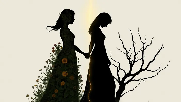 Символическое изображение двух женщин, связанных светящейся нитью, с формирующейся прозрачной границей между ними. На фоне — карты Таро Императрица и Двойка Кубков.