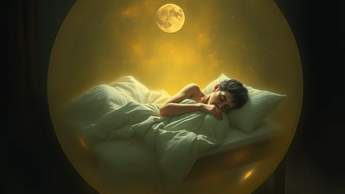 Человек спит в кровати, защищенный светящимся энергетическим коконом, который отражает темные размытые формы. Концепция защиты сна и личных границ.