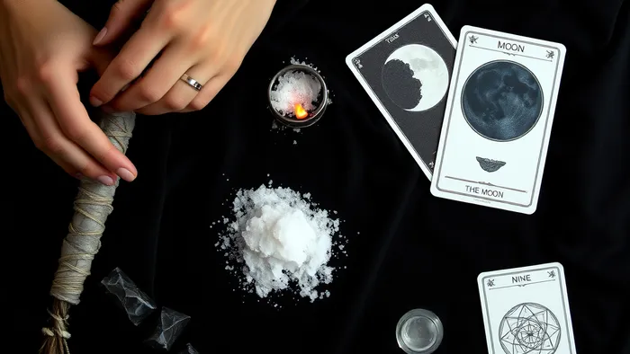 Ритуал очистки серебряного кольца морской солью и дымом шалфея на фоне карт Таро и кристаллов на бархатной ткани.