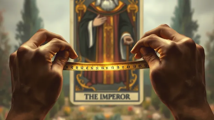 Символическое изображение спора о границе участка: две тянущие руки, мерная лента как линия конфликта, на фоне карты Таро Император.