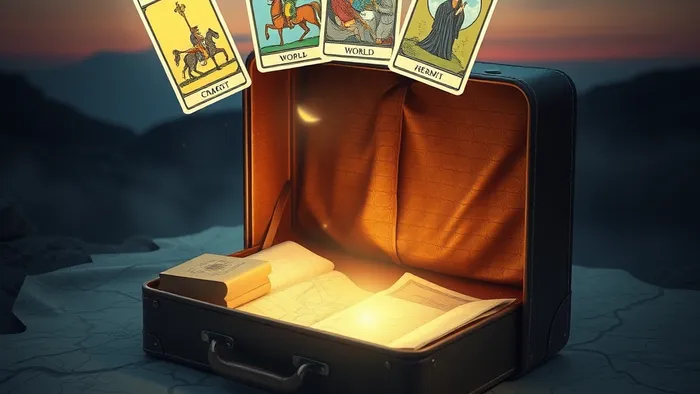 Символическое изображение переезда: открытый чемодан на карте дорог, над которым парят карты Таро Колесница, Мир и Отшельник в магическом свечении.