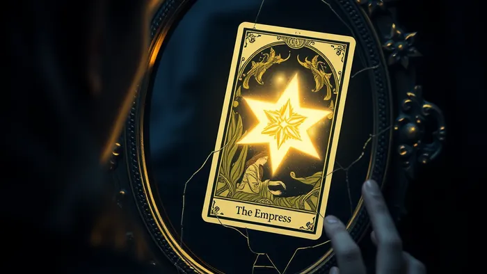 Символическое изображение: человек смотрит в треснувшее зеркало, в котором видна карта Таро Императрица. Тема отражения и внутренних страхов.