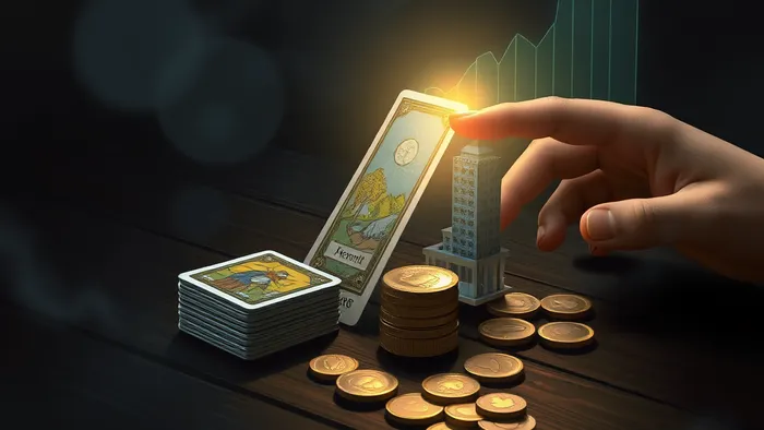 Символическое изображение: карта Таро Отшельник на фоне графика доходности и миниатюрного здания. Соединение эзотерики и финансовых инвестиций.