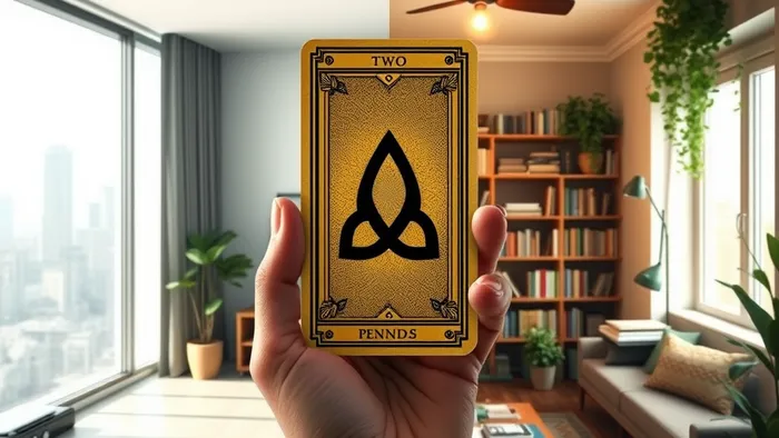 Визуальная метафора выбора между двумя квартирами: современный минимализм против уютного eclectic стиля, объединенные картой Таро Двойка Пентаклей, символизирующей баланс.