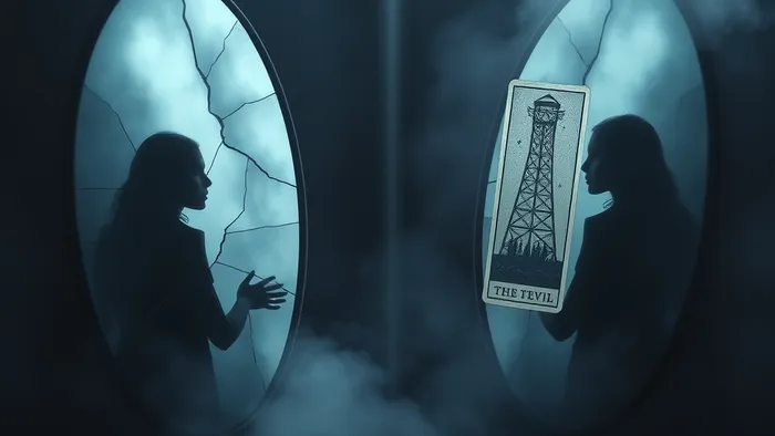 Символическое изображение двух разбитых зеркал, отражающих друг друга и тёмные силуэты — метафора кармических партнёров как зеркал тени.