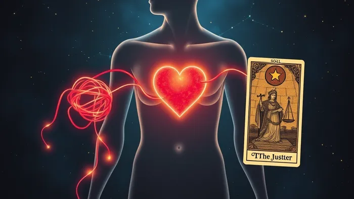 Символическое изображение кармической связи души с родителями: светящиеся нити, карта Таро как инструмент исцеления.