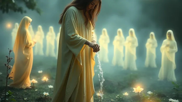 Символическое изображение человека, поливающего свои собственные корни в волшебном саду, в то время как другие фигуры находятся на почтительном расстоянии. Карты Таро Императрица и Сила парят в воздухе.