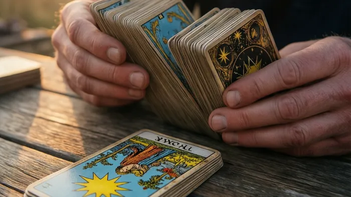Руки тасуют колоду карт Таро на деревянном столе. Вытянута одна карта в лучах утреннего света.