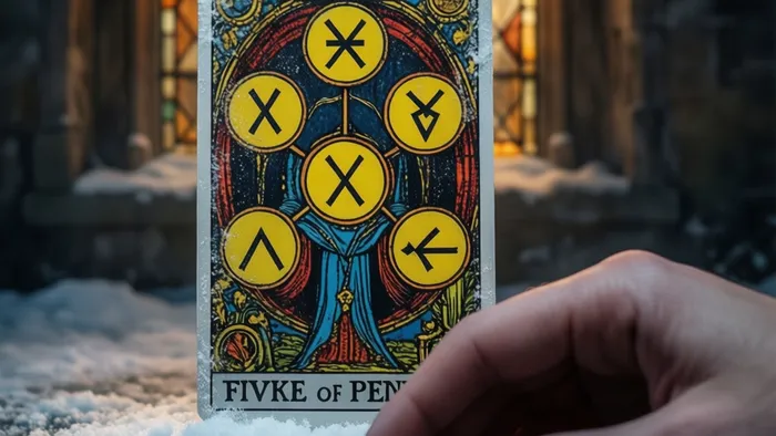 Крупный план карты Таро Пятерка Пентаклей в снегу, символизирующий практику работы с картой дня.