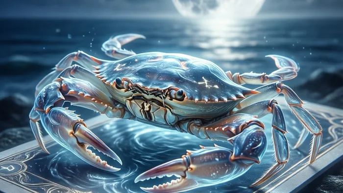 Символическое изображение знака зодиака Рак в виде краба из лунного света, взаимодействующего с картой Таро на фоне ночного моря и полной луны. Мистическая атмосфера.