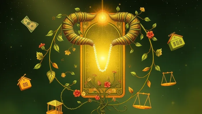 Символ знака зодиака Телец, составленный из растений, совмещенный с картой Таро Императрица. Вокруг — символы финансов, дома, творчества и весов. На фоне звездное небо и планета Венера.