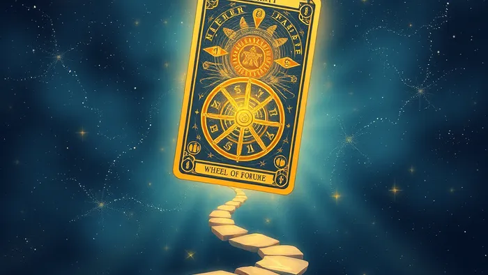 Символическое изображение Карты Года Таро, парящей среди звезд, с путем героя, ведущим к ней.