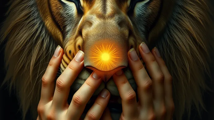 Детальное изображение карты Сила из колоды Таро: руки женщины мягко прикрывают пасть льва, взгляд зверя осмысленный и спокойный.