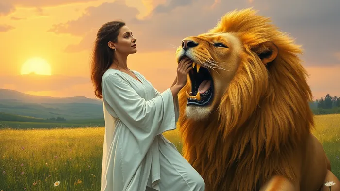 Женщина в белых одеждах мягко, но уверенно закрывает пасть золотому льву в цветущем лугу, над её головой светится символ бесконечности — иллюстрация к карте Сила Таро.