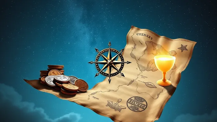 Сюрреалистичное изображение старой карты сокровищ, превращающейся в монеты и чашу на фоне звёздного неба — символ выбора между материальным и внутренним.