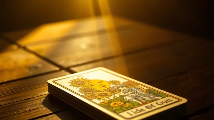 Карта Солнце из колоды Таро Райдера-Уэйта, освещённая ярким лучом золотого света на деревянном столе. Символ ясности, радости и внутренней силы.