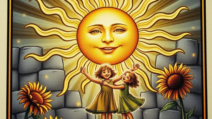 Детальное изображение карты Солнце из колоды Таро Уэйта: сияющее солнце с лицом, два ребёнка танцуют на фоне стены, подсолнухи тянутся к свету.