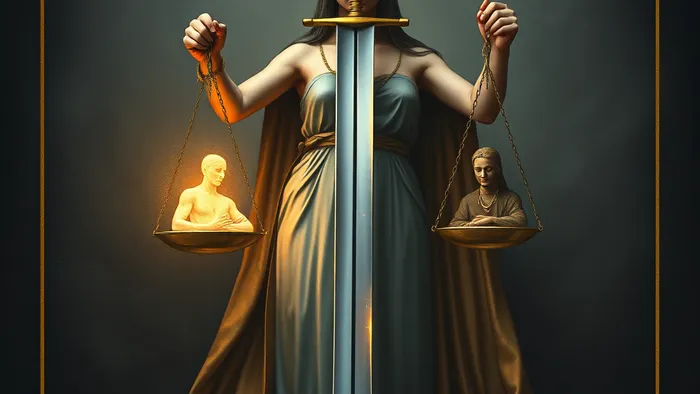 Символическое изображение карты Справедливость Таро в юнгианском ключе: весы балансируют свет сознания и тени бессознательного, прозрачный меч различения.
