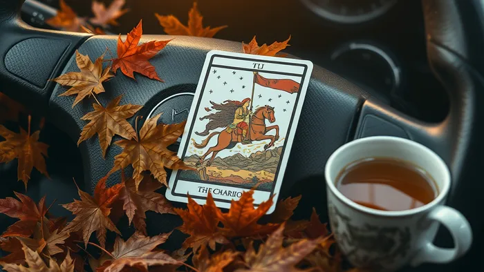 Карта Таро Колесница на руле автомобиля в осенних листьях, символизирующая решение об обучении вождению.