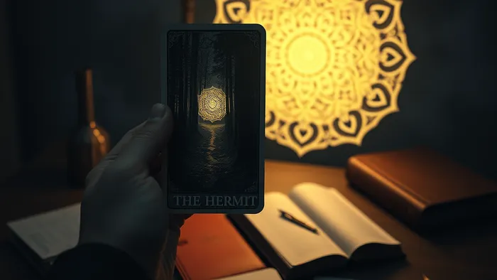 Концептуальное изображение: карта Таро 'Отшельник' используется как зеркало, отражающее внутренний лес и мандалу. На столе книга Юнга, создающая атмосферу глубинного самоанализа.
