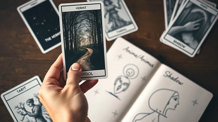 Руки человека держат карту Таро как зеркало, в котором отражается звёздное небо или лесная тропа. На столе разложены другие карты и эскизы юнгианских архетипов, создавая атмосферу глубокого самопознания.