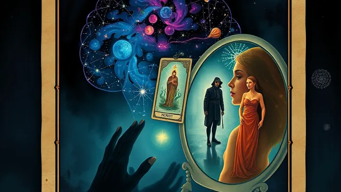 Концептуальное изображение, соединяющее карту Таро Отшельника с символами психологии: мозг из созвездий, зеркало, отражающее арканы, и тени.