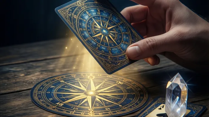 Рука держит карту Таро Колесо Фортуны, от которой исходит свет, освещающий компас и карту Туз Пентаклей на деревянном столе. Символика удачи, навигации и возможностей.
