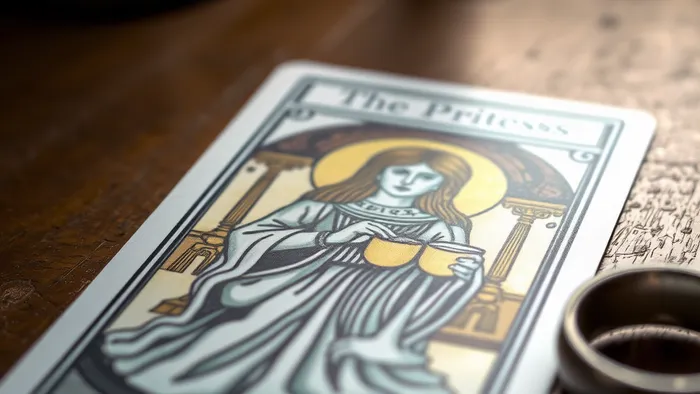 Карта Таро (Жрица или 2 Кубков) и обручальное кольцо на деревянном столе — символ исследования отношений и интуиции.