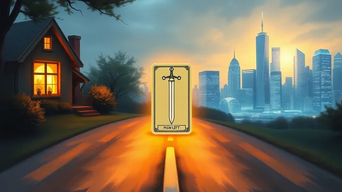 Символическое изображение развилки дорог: одна ведет к теплому домашнему очагу, другая — к сияющему карьерному городу. В центре лежит карта Таро 2 Мечей, олицетворяющая сложный выбор между семьей и работой.