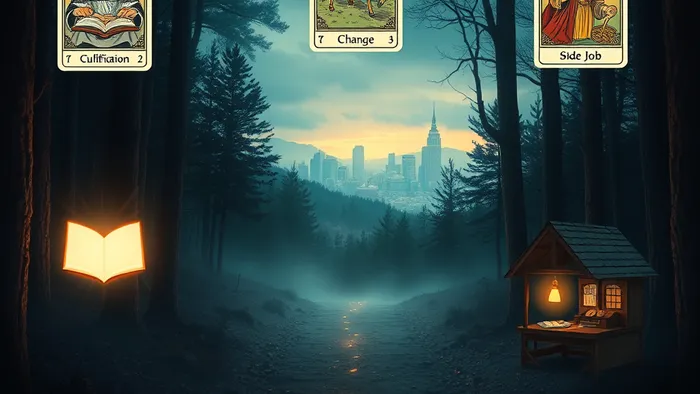 Символическое изображение трёх путей в лесу, над которыми парят карты Таро: Маг, Колесница и Туз Пентаклей. Метафора выбора финансового сценария.