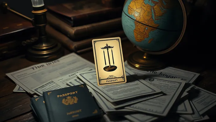 Символичное изображение: стол с международными документами, глобусом и картой Таро Правосудие на фоне мягкого света, олицетворяющее тему наследства за границей.