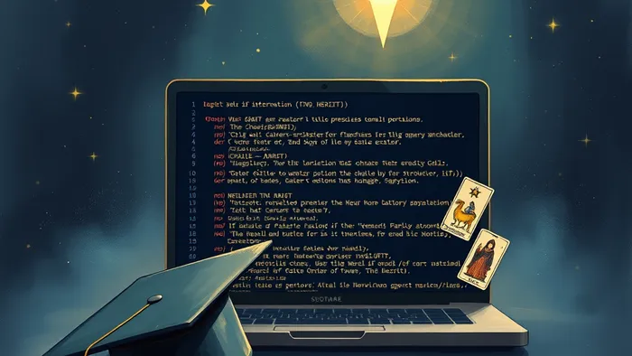 Символическая иллюстрация: код на ноутбуке превращается в карты Таро (Колесница, Отшельник) под светом путеводной звезды. Тема выбора между обучением и карьерой.