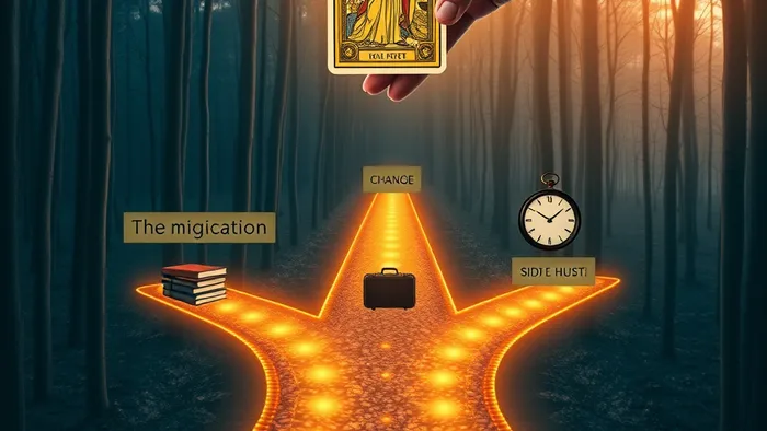 Символическое изображение трёх путей финансового роста, освещаемых картой Таро: путь знаний, путь карьеры и путь подработки.