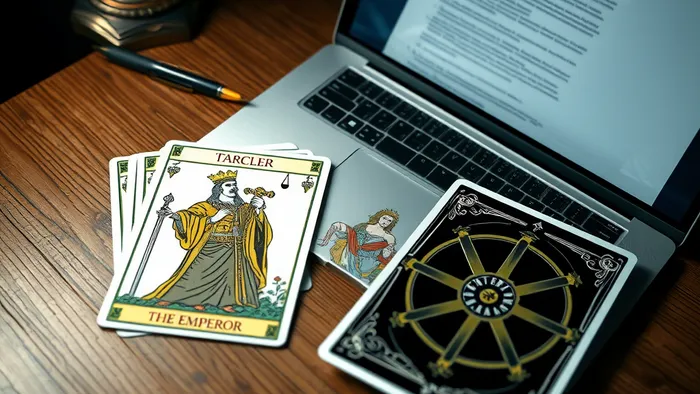 Карты Таро Император, 7 Мечей и Колесо Фортуны лежат рядом с ноутбуком, на экране которого виден проект брачного договора. Символизирует связь эзотерического анализа и практической юридической защиты.