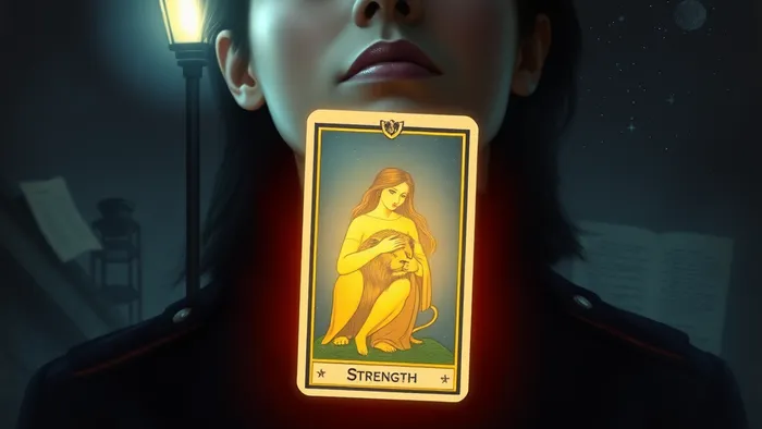 Символическое изображение: спокойное лицо человека, в груди которого светится карта Таро 'Сила', олицетворяющая мягкий контроль над эмоциями в стрессовой ситуации.