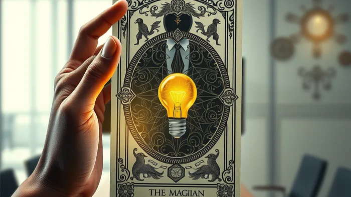 Символическое изображение: рука защищает glowing лампочку-идею с помощью карты Таро Маг, создавая барьер против силуэта инвестора на фоне переплетения делового и эзотерического пространства.