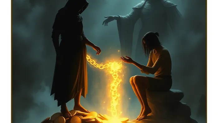 Символическая иллюстрация в стиле карты Таро: две фигуры связаны цепью из монет, олицетворяя токсичную финансовую зависимость между родственниками.