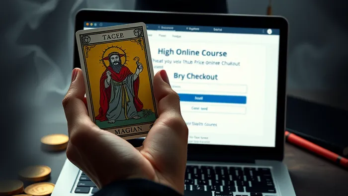 Символическое изображение: карта Таро Маг накладывается на экран ноутбука с страницей оплаты дорогого курса. Контраст эзотерики и цифрового маркетинга.