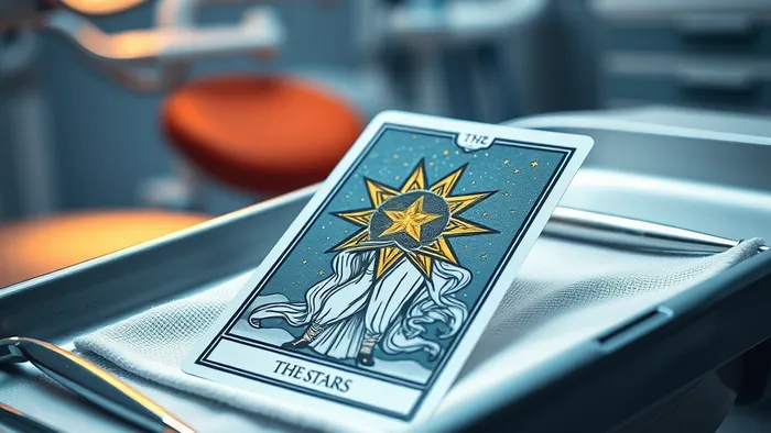 Карта Таро Императрица на стерильной салфетке в кабинете стоматолога, символизирующая заботу и процесс лечения.