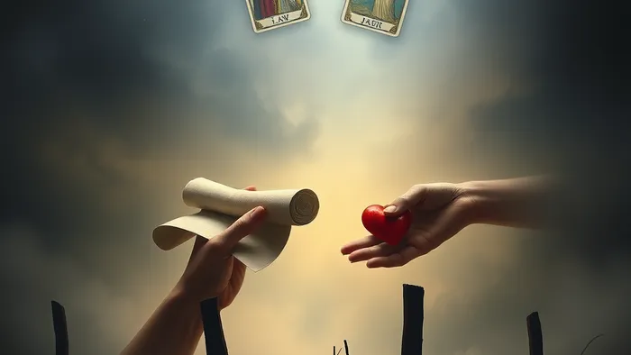 Символическое изображение спора о границе участка: две руки над старой межевой изгородью, одна держит свиток закона, другая — сердце эмоций. Над ними парят карты Таро Император и Справедливость в мистической атмосфере.