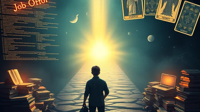 Символическое изображение выбора студента-программиста: развилка дорог, где одна ведёт к работе через код, а другая — через карты Таро и книги.