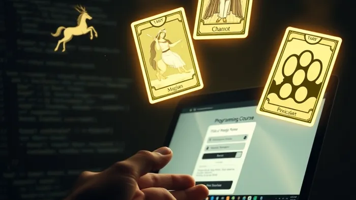 Символическое изображение дилеммы студента-программиста: рука над ноутбуком с курсом, из которого парят карты Таро — Колесница, Маг и Пятерка Пентаклей.
