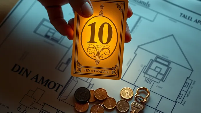 Концептуальное изображение, объединяющее символы Таро (карта Десятка Пентаклей) и финансов: рука держит светящуюся карту над чертежом квартиры, рядом лежат монеты и ключ.