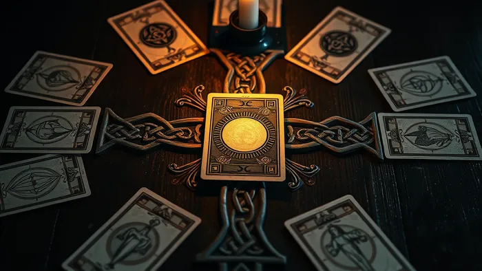 Кельтский Крест Таро: десять карт расклада на темном дереве в форме креста и посоха, освещенные свечой