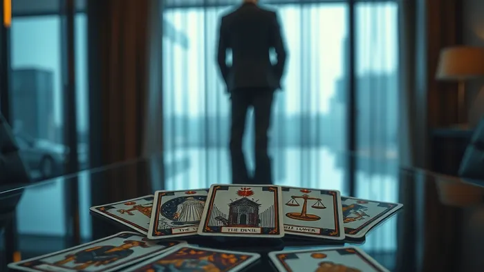 Расклад карт Таро на столе руководителя для анализа ситуации с ультиматумом сотрудника