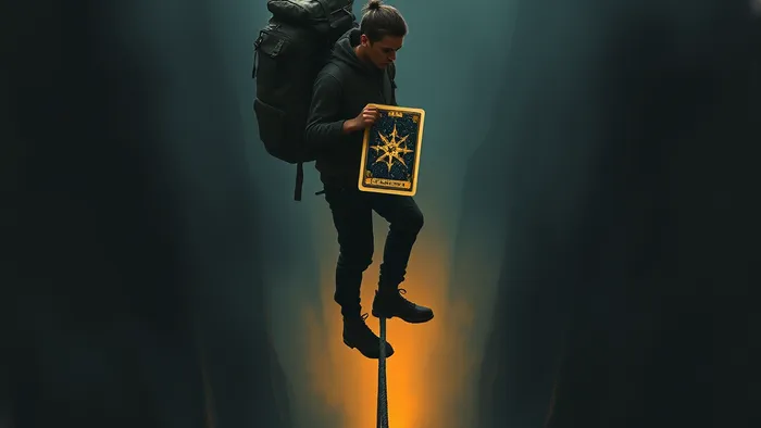 Символическое изображение человека на канате над пропастью с огромным рюкзаком-долгом и картой Таро Звезда в руках как символом надежды и пути.