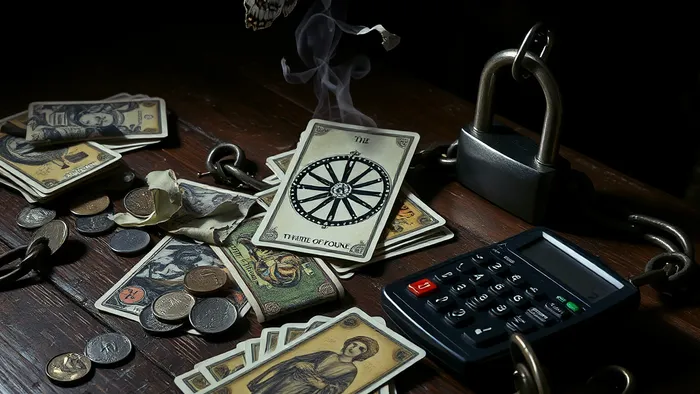 Символичное изображение финансового освобождения: карта Таро Колесо Фортуны, разорванные долговые расписки, превращающиеся в бабочек, и разомкнутый замок на фоне старинного стола.